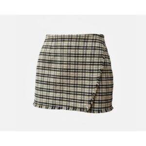 Y2K Tweed Mini Skirt 2XL Plus Size Black Yellow Plaid Fringe Preppy Academia